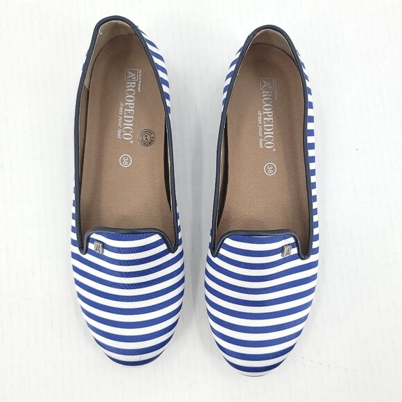 Arcopedico Womens Striped Flats Blue White Satin Slip-on Nautical Beachy Shoe 38 - Picture 2 of 16